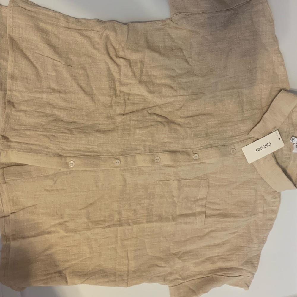 CBrand tan linen crop shirt with cuffed sleeves